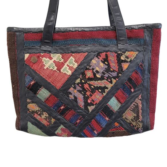 70s Vintage Boho Leather and Wool Carpet Bag Tote - Picture 2 of 10